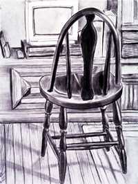 Chair in front of small blank television: a still life charcoal drawing.